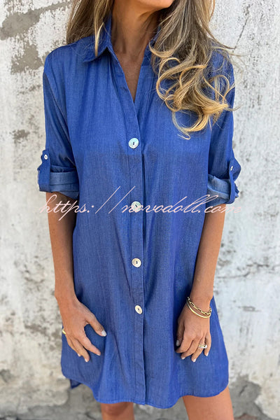 Solid Color Imitation Denim Casual Button Mid-length Shirt