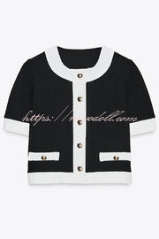 Fashionable Contrast Color Short-sleeved Button-down Top