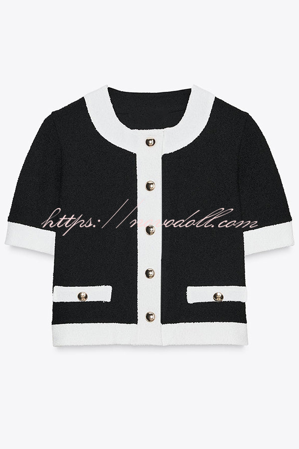 Fashionable Contrast Color Short-sleeved Button-down Top