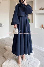 Solid Color Flower-embellished Lantern Sleeve Loose Top and Casual Maxi Skirt Set