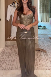 Vegas Queen Metallic Pleated Sculpted Bodice Back Lace-up Drape Maxi Dress