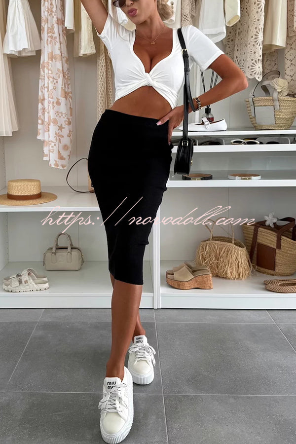 Perfect Basics Ribbed Knit Elastic Waistband Stretch Midi Skirt