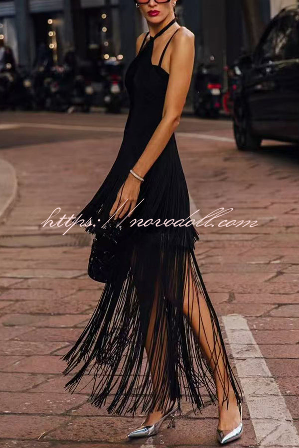 Sexy Halterneck Open Back Elegant Tassel Slim Maxi Dress