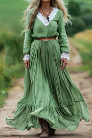 Bohemian Retro Lace Paneled V-neck Long-sleeved Maxi Dress