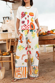 Unique Printed Elastic Waist Pocket Vacation Casual Wide Leg Pants