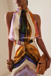 Unique Print Sleeveless Stretch Stand Collar Top and Elegant Maxi Skirt Set