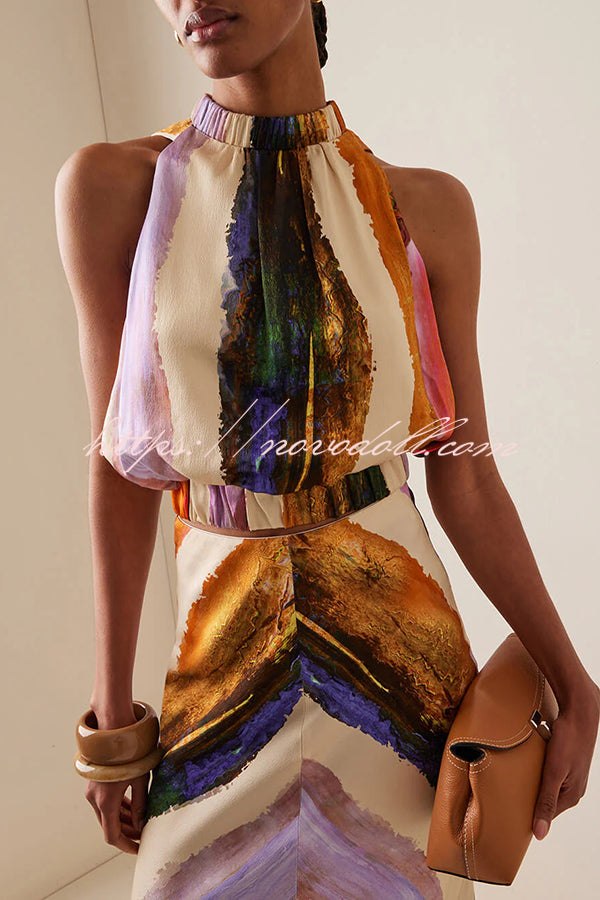 Unique Print Sleeveless Stretch Stand Collar Top and Elegant Maxi Skirt Set