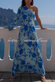 Satin Botanical Print One-Sleeve Resort Maxi Dress