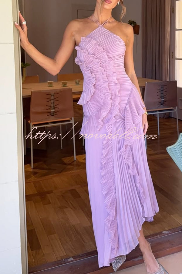 Dream Ode Lily Pad Style Pleats and Ruffles Halter Gown Maxi Dress
