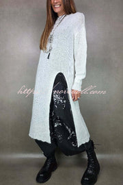 Solid Color Knitted Long-sleeved Casual Slit Midi Dress