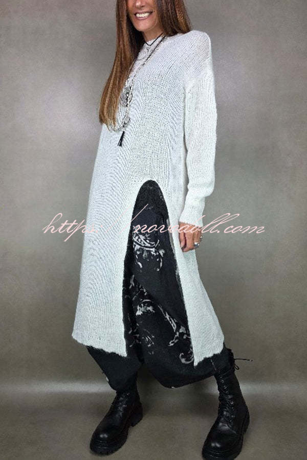 Solid Color Knitted Long-sleeved Casual Slit Midi Dress