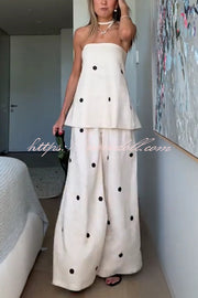Linen Blend Polka Dot Bandeau Top and Elastic Waist Pocket Wide Leg Pants Set