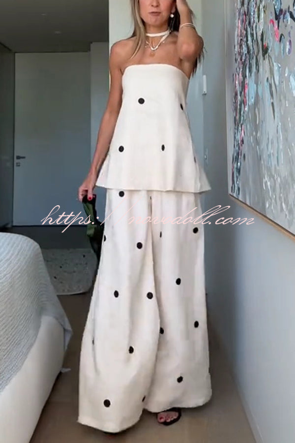 Linen Blend Polka Dot Bandeau Top and Elastic Waist Pocket Wide Leg Pants Set