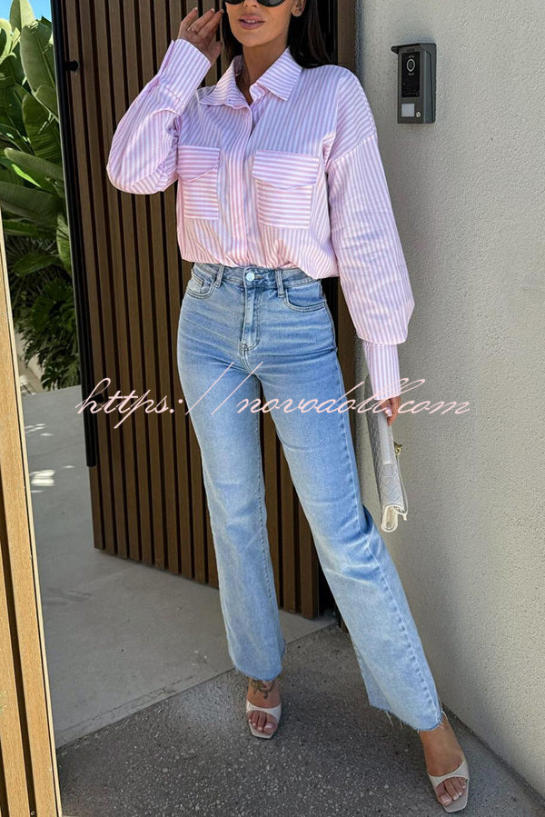 Stripe Print Lapel Long Sleeve Pocket Casual Shirt