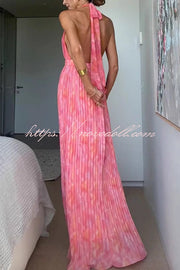 Unique Print Sexy Halter Neck Tie Pleated Vacation Maxi Dress