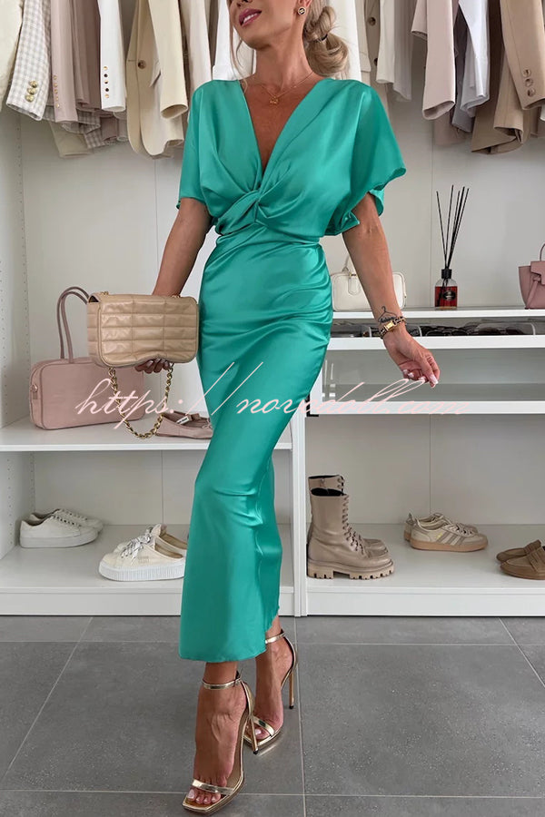 Satin Solid Color V-neck Cross Knot Slim Maxi Dress