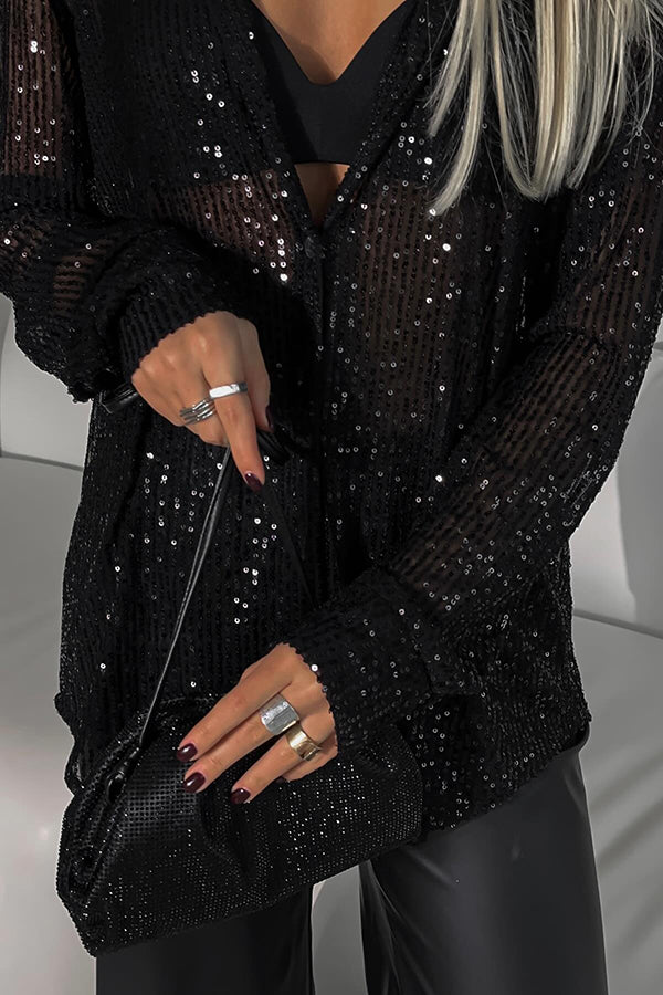 Fashion Sequin Lapel Long Sleeve Loose Shirt