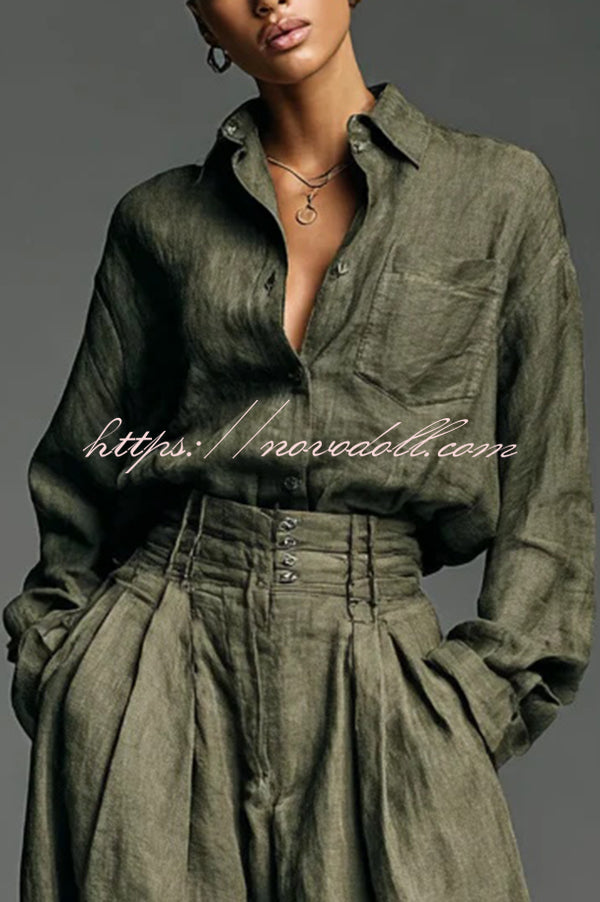 Linen Blend Lapel Long-sleeved Casual Shirt and High-waist Pocket Loose Wide-leg Pants Set