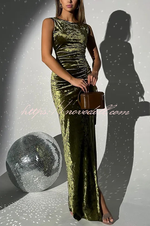 Solid Color Velvet Round Neck Sleeveless Slim Slit Maxi Dress