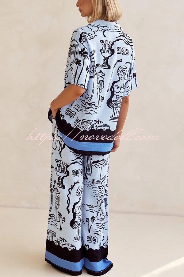 Fashionable Plant Print Loose Lapel Short Sleeve Shirt and Casual Elastic Waist Pocket Pants Set