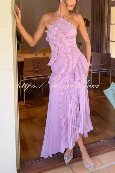 Dream Ode Lily Pad Style Pleats and Ruffles Halter Gown Maxi Dress