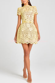 Champagne Toast Flower Lace Short Sleeve Bow Belted Mini Dress