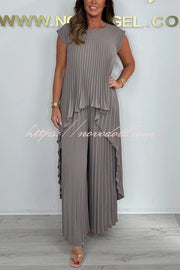 Laney Pleated Short Sleeve Irregular Midi Top and Elastic Waist Wide Leg Pants Set