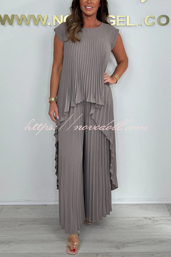 Laney Pleated Short Sleeve Irregular Midi Top and Elastic Waist Wide Leg Pants Set