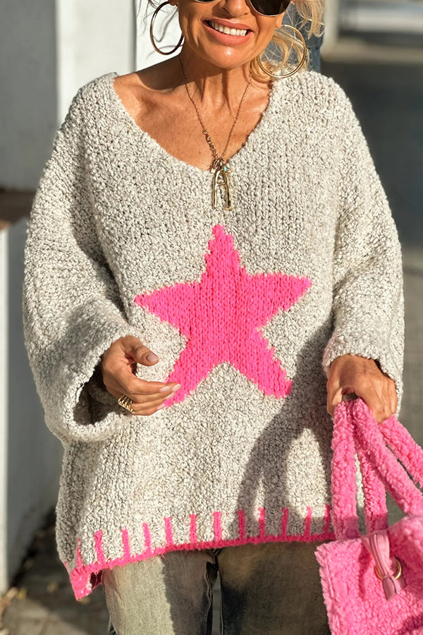 Warm Winter Day Texture Knit Star Pattern Contrast Color Loose Sweater