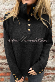 Solid Color High Collar Button Loose Long Sleeve Knitted Sweater