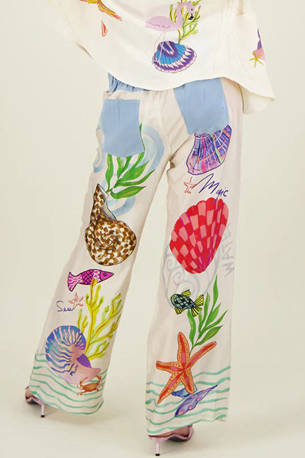 Dream Ocean Satin Unique Print Back Elastic Waist Pocketed Wide Leg Pants