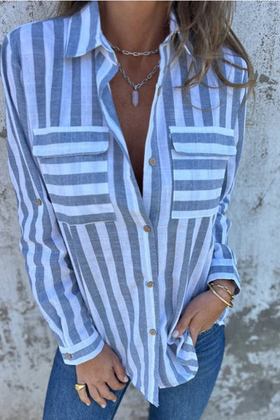 Striped Print Casual Pocket Shirt Top