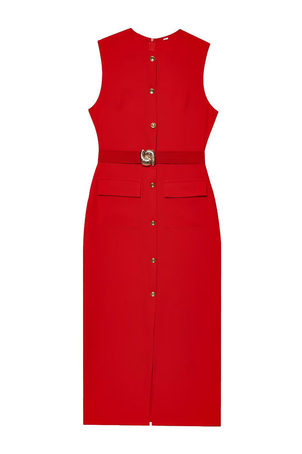 Danina Button Up Sleeveless Metal Belted Pocket Stretch Midi Dress