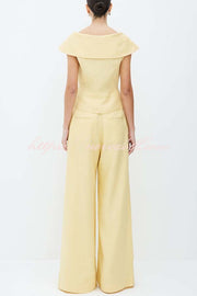 Velena Linen Blend Button Up Lapel Top and High Rise Pocket Wide Leg Pants Set
