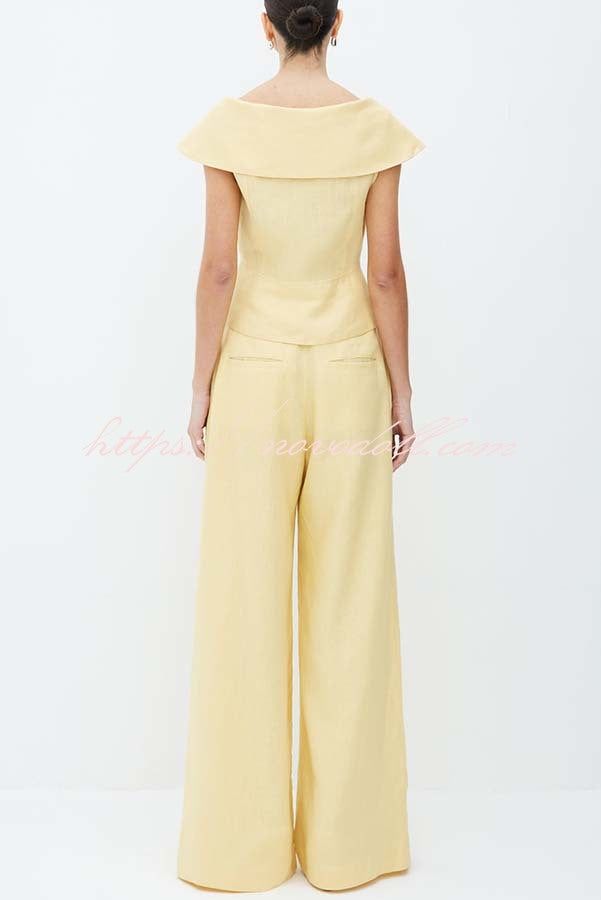 Velena Linen Blend Button Up Lapel Top and High Rise Pocket Wide Leg Pants Set