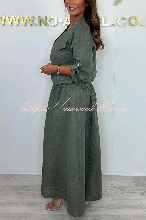 Solid Color Casual Short Jacket and Suspender Pleated Maxi Dress Set