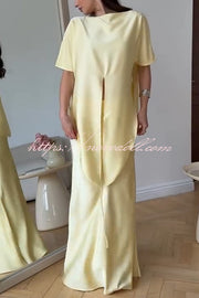 Secret of Elegance Satin Slit Back Lace-up Top and Elastic Waist Flare Maxi Skirt Set