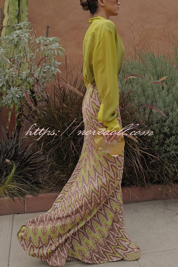 Moonlit Waltz Knit Jacquard Zigzag Print High Rise Stretch Flare Maxi Skirt