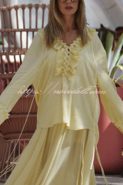 Solid Color Pleated Ruffled Tie Long Sleeve Loose Shirt