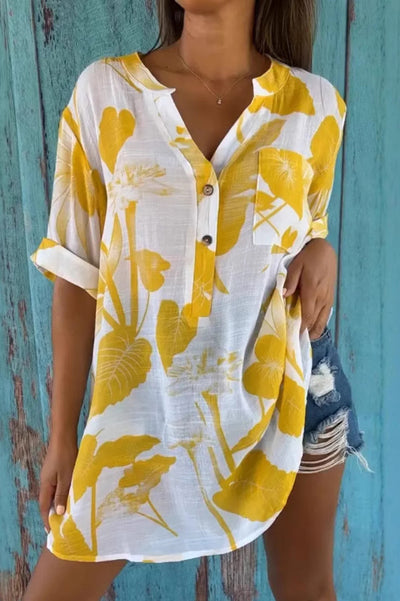 Botanical Print Casual V-Neck Pocket Loose Top