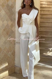 Amena One Shoulder Sweetheart Neck Ruffle Hem Top and Elastic Waist Pocket Wide Leg Pants Set