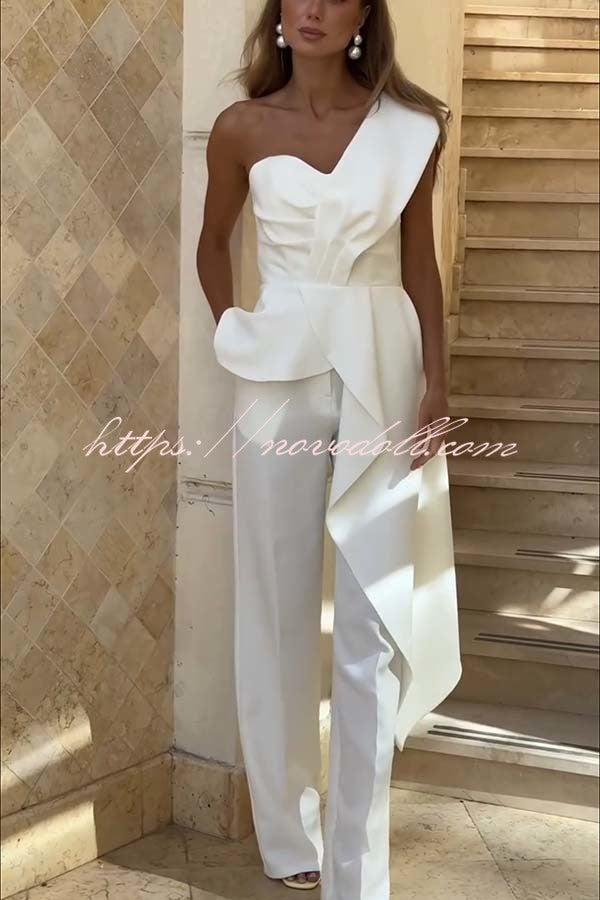 Amena One Shoulder Sweetheart Neck Ruffle Hem Top and Elastic Waist Pocket Wide Leg Pants Set
