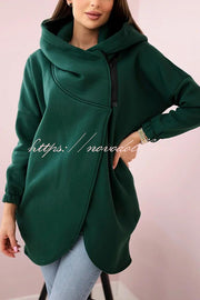 Solid Color Loose Hooded Zip-up Casual Sports Jacket
