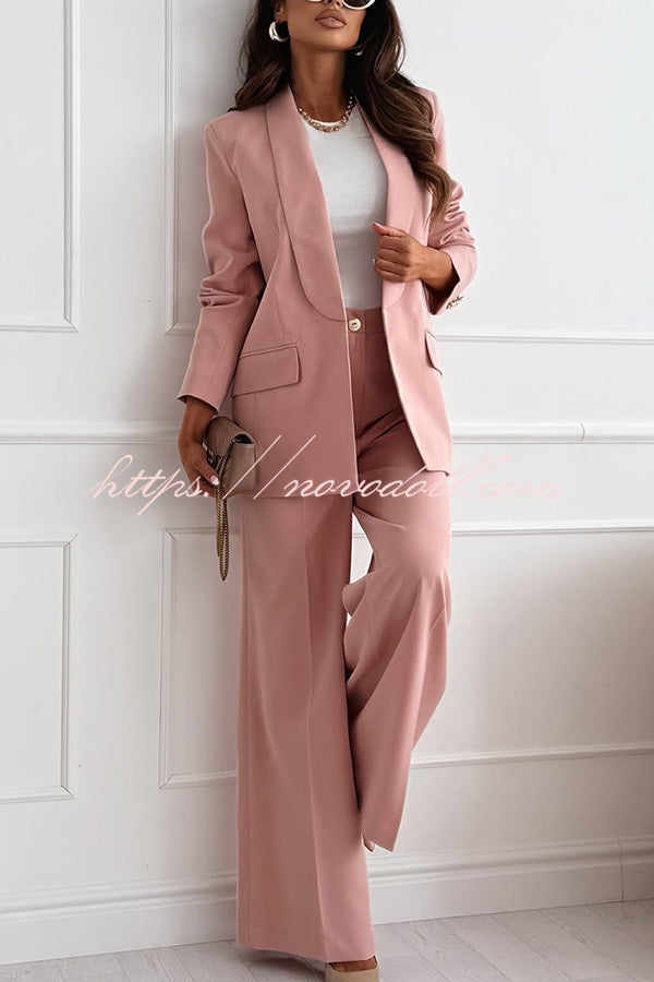Solid Color Lapel Long Sleeve Casual Blazer and Pocket Wide Leg Pants Set
