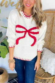 Christmas Bow Contrast Color Locked Edge Long Sleeve Knitted Sweater