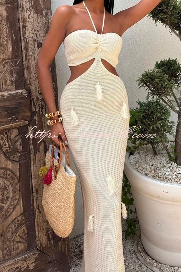 Fashion Halterneck Waist-baring Tassel-embellished Knitted Maxi Dress