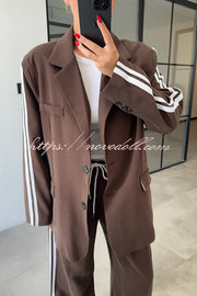 Levvie Striped Trim Long Sleeve Lapel Blazer and Rope Belt Pocketed Wide Leg Pants Set