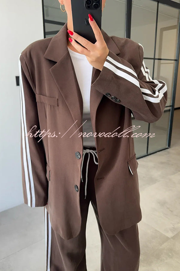 Levvie Striped Trim Long Sleeve Lapel Blazer and Rope Belt Pocketed Wide Leg Pants Set