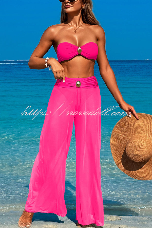 Solid Color Metal Button Decorated Stretch Two-piece Bikini Swimsuit