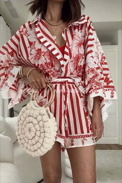 Like Paradise Floral Print Wide Sleeve Shirt and Elastic Waist Pocketed Shorts Set